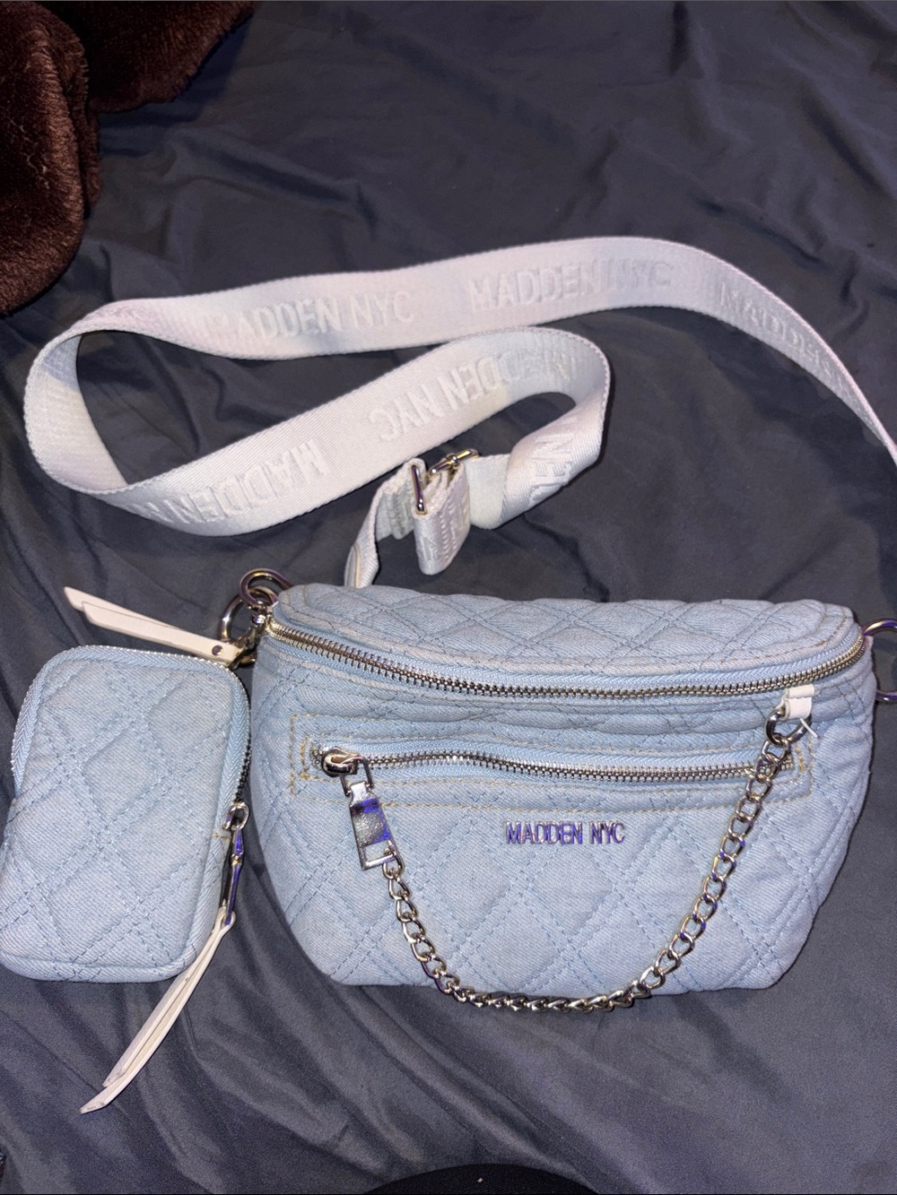 Madden NYC Light Blue Quilted Crossbody Belt Bag with Coin Pouch